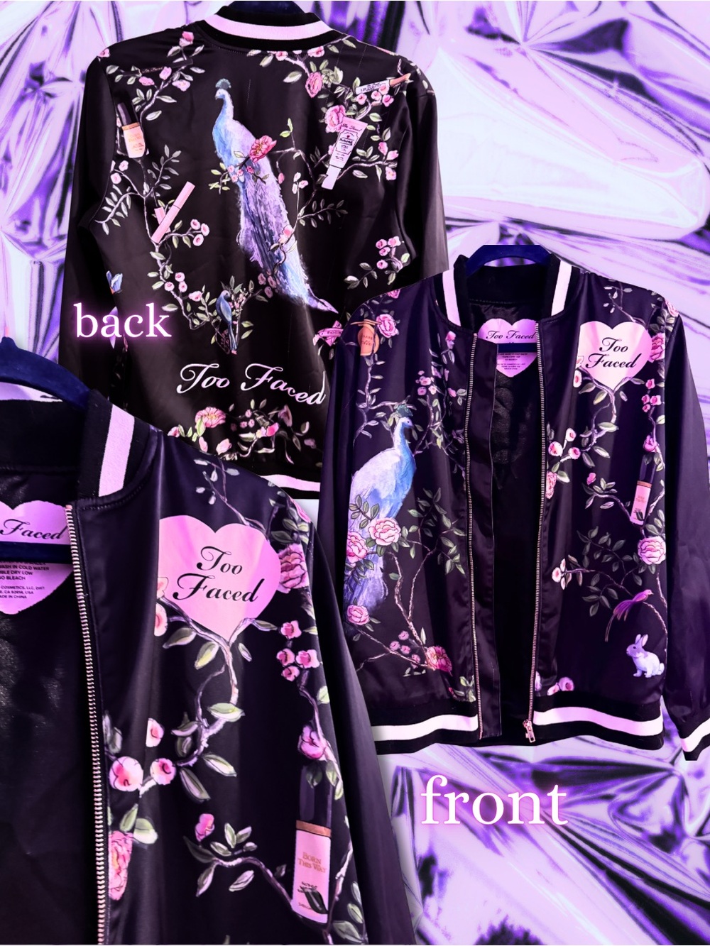 Too Faced Black Bomber Jacket with Pink Floral & Peacock Print Size Medium